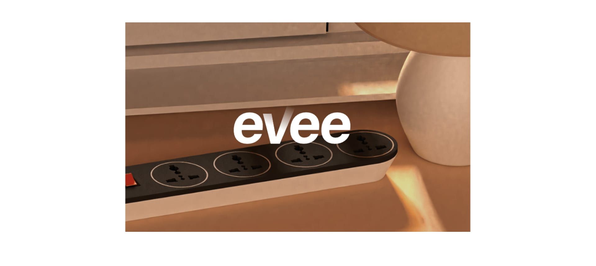 The Evee wordmark over a photo of a power strip