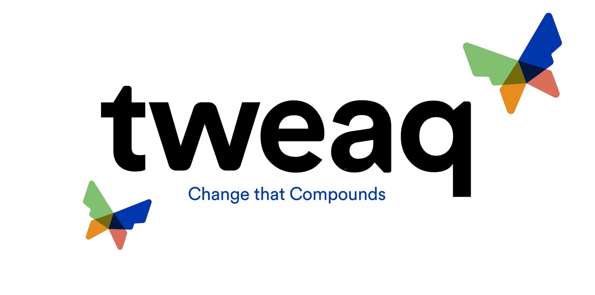 Tweaq wordmark with the line “Change that Compounds” and two butterfly marks