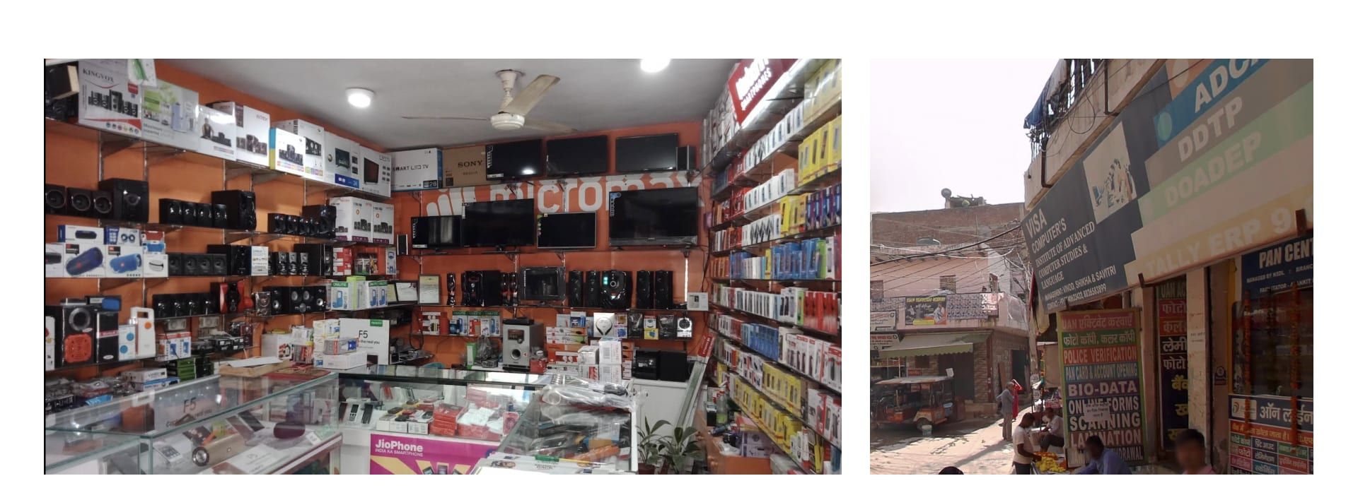 An electronics shop and a market street in old Gurgaon