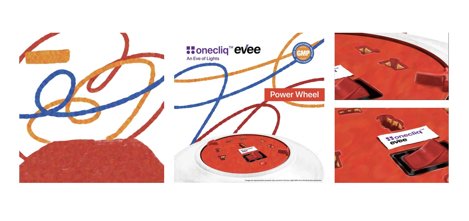 Evee Power Wheel packaging with bold red, blue and orange line graphics