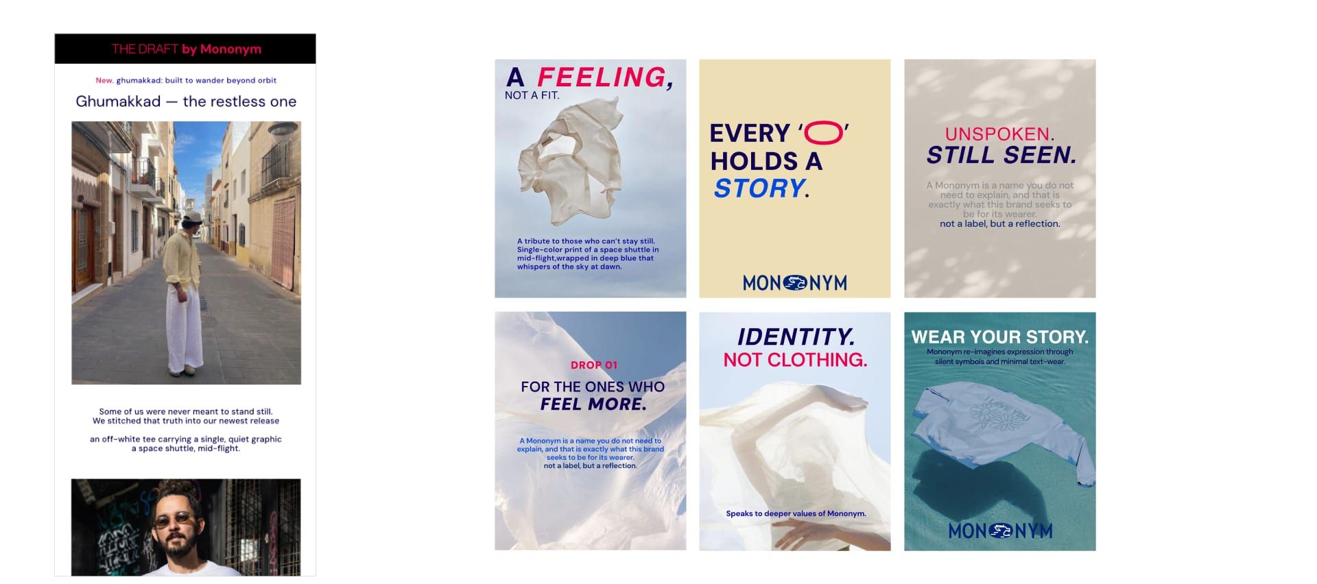 A Mononym newsletter beside six social media campaign posts