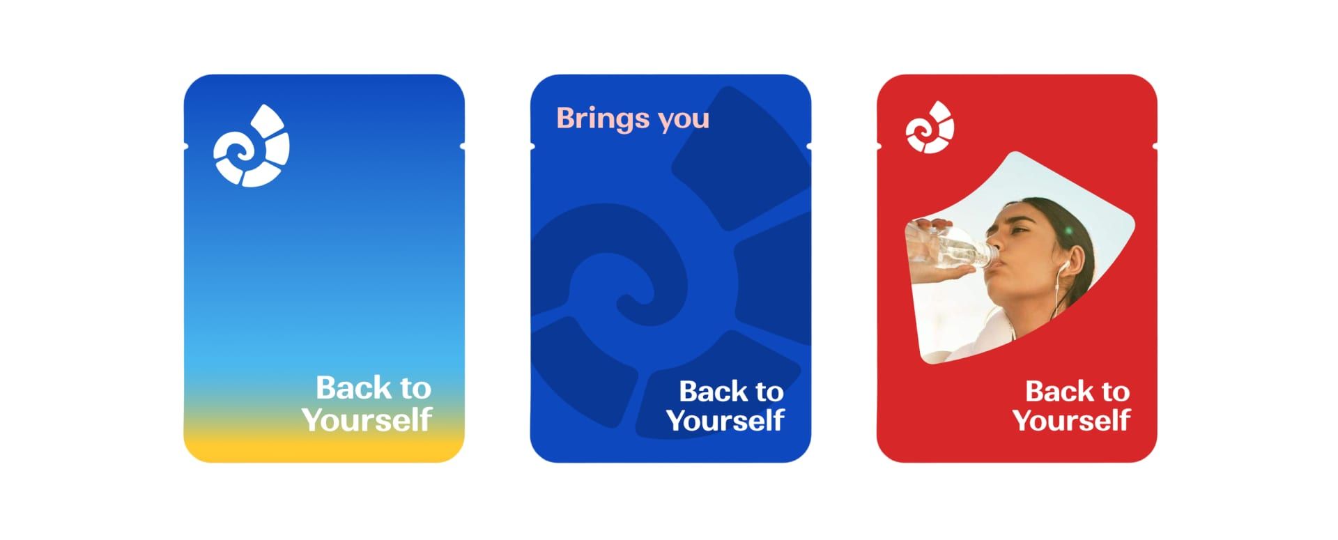 Three 5 ml sachet designs in blue, navy and red